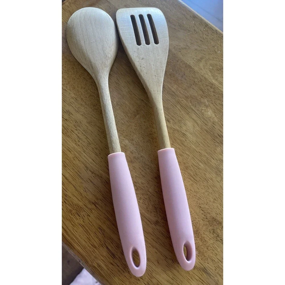 Cuisinart Pink Handle Wooden Utensil Set 13 1/2